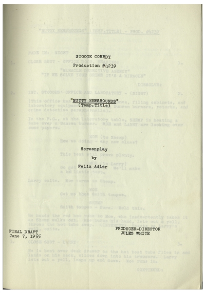 Moe Howard's Personally Owned Columbia Pictures Script for The Three Stooges 1956 Film, ''For Crimin' Out Loud'' -- Signed by Moe on Front Cover & Hand Edited by Him